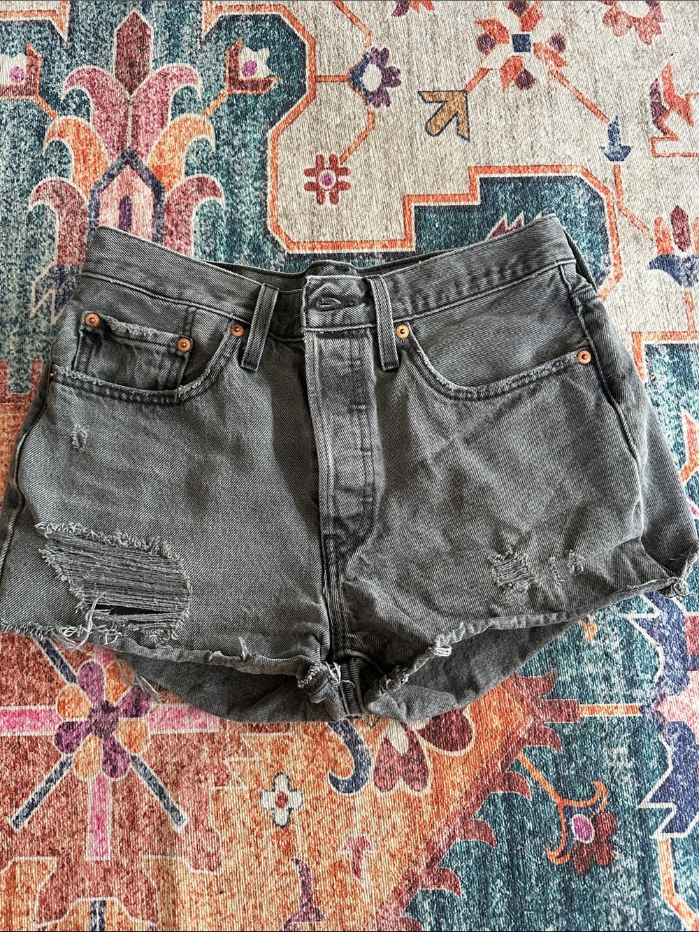 High-Rise Washed Gray Distressed Denim Shorts
